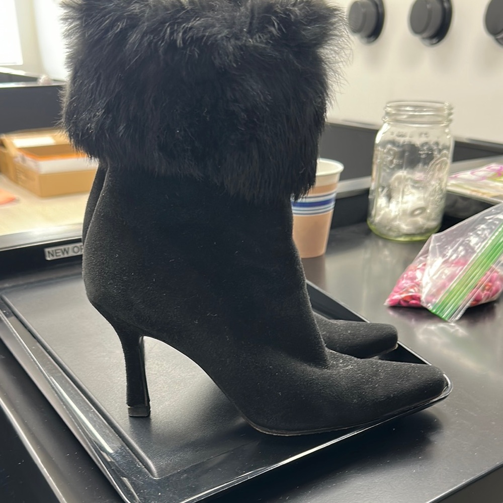 Stuart Weitzman Black Heeled Boots with Fur Trim